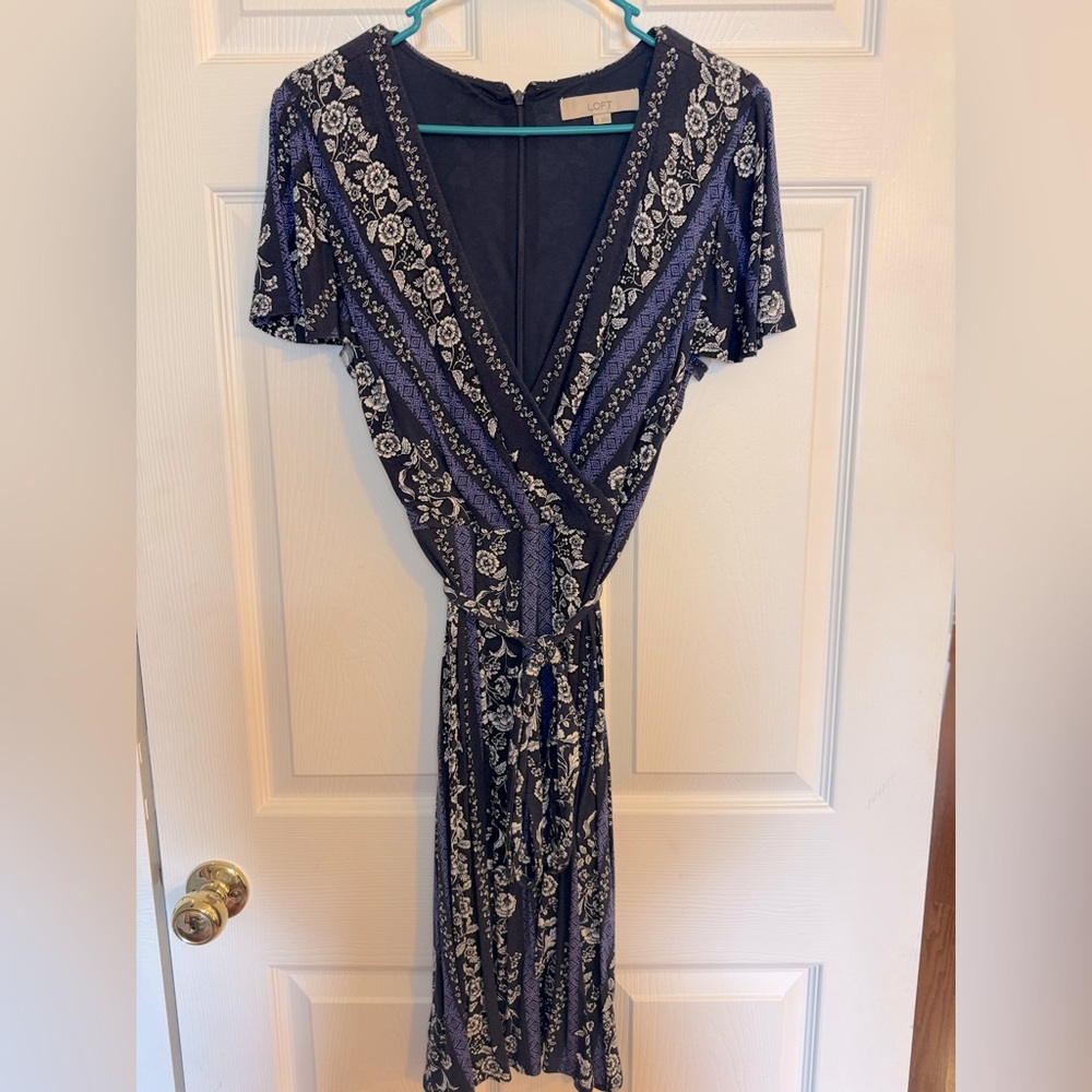 LOFT Navy and White Floral Faux Wrap Dress